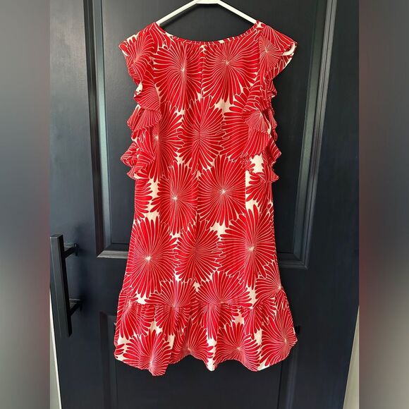 J. Crew Red-Orange Flower Print Flutter Dress Ruffle Sleeve Lined  Size Small - Picture 3 of 6